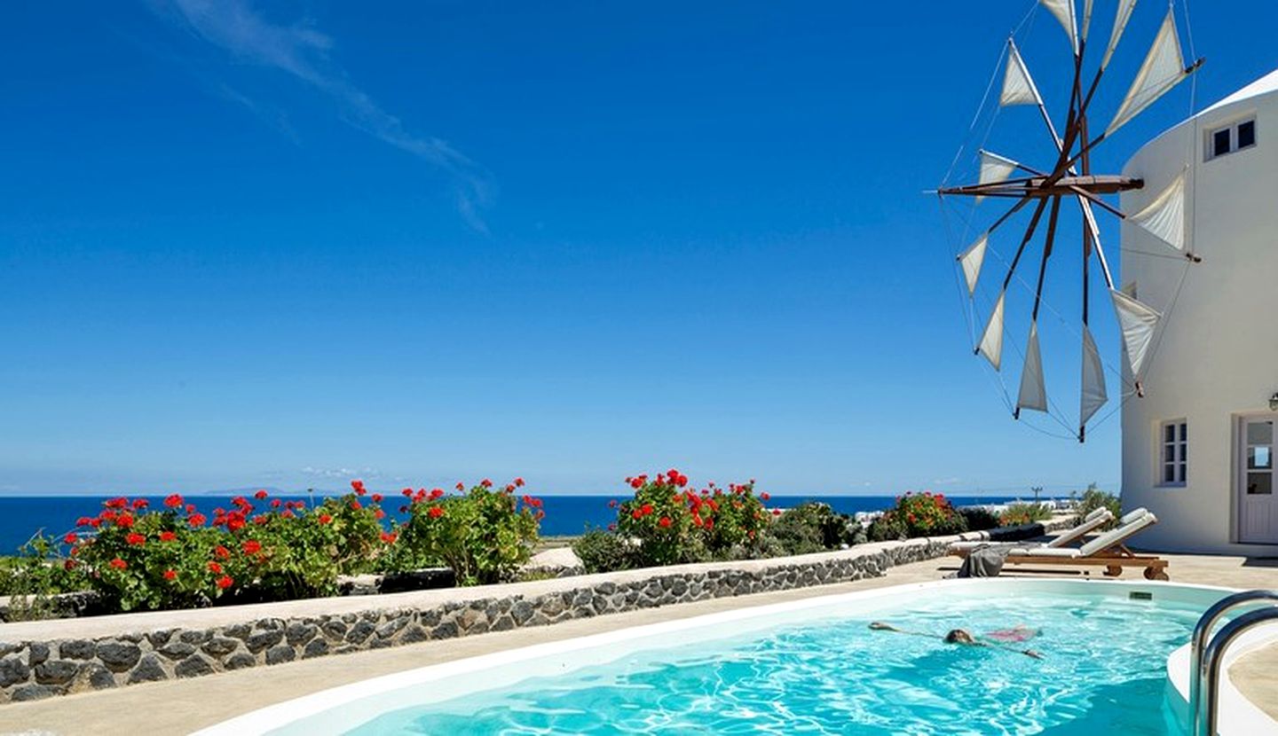 Magnificent Panoramic Viewed Windmills off the Island of Santorini, Greece