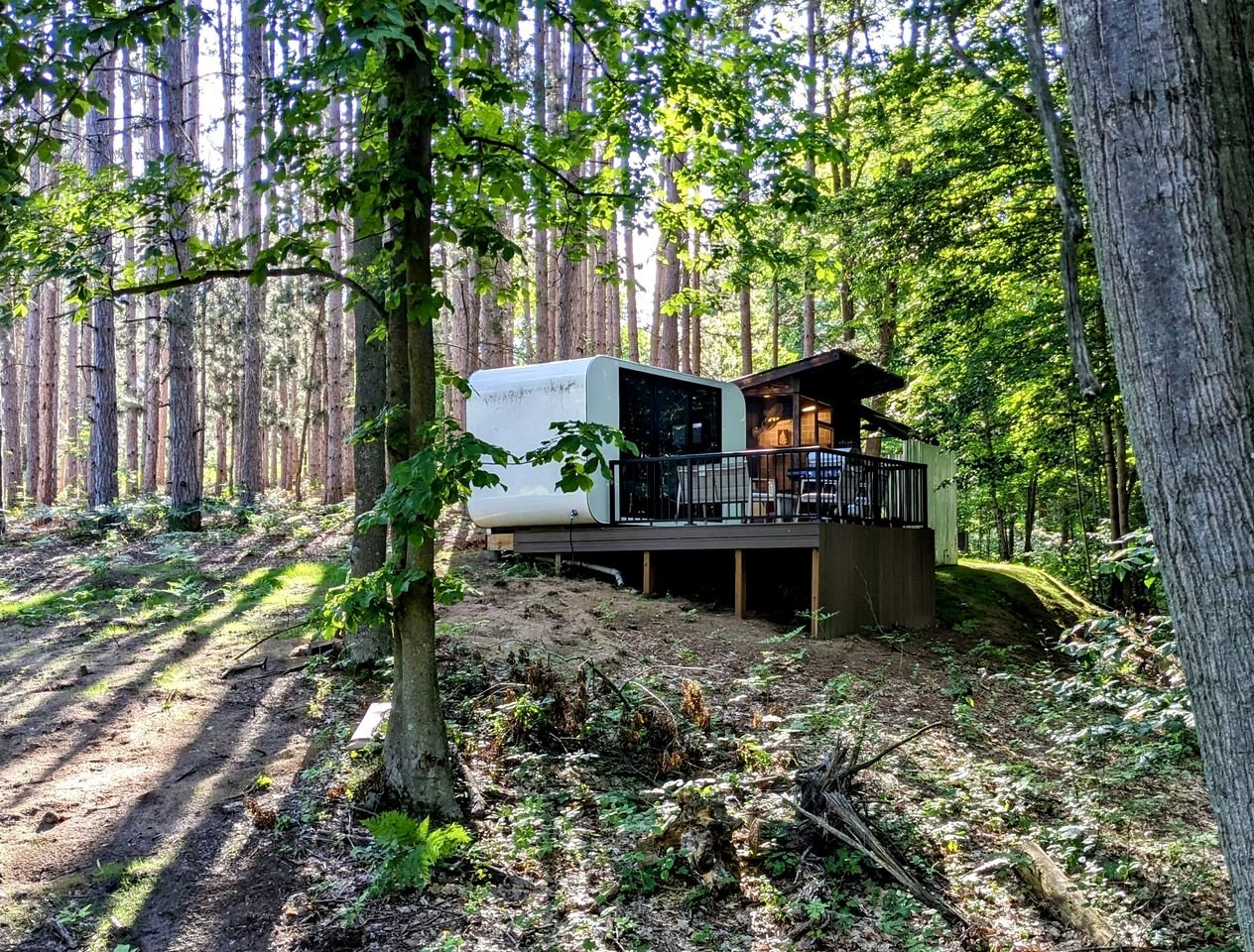 Secluded Modern Tiny House with Wood-Fired Hot Tub Near Trails in Sears, Michigan