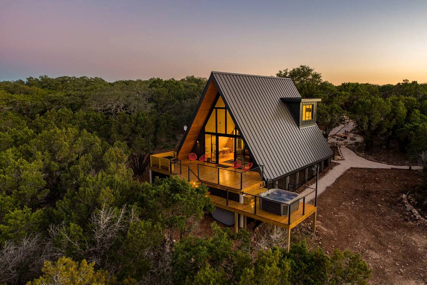 Modern and Secluded A-Frame with a Hot Tub for a Romantic Texas Hill Country Getaway