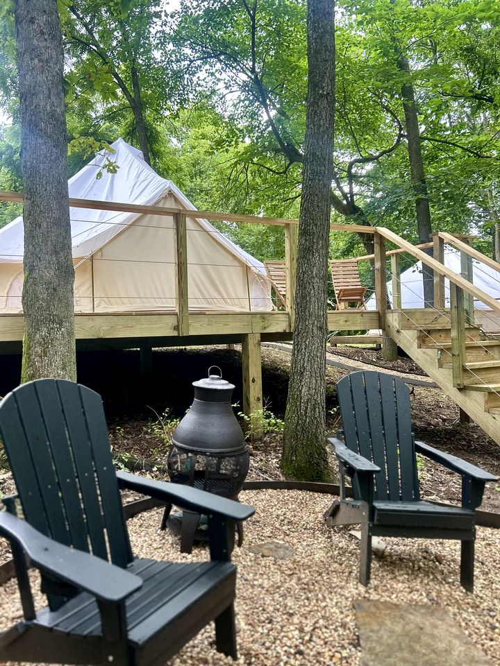 Enchanting Mountain Glamping Tents with Elevated Decks and Fire Pit Near Gentry, AR