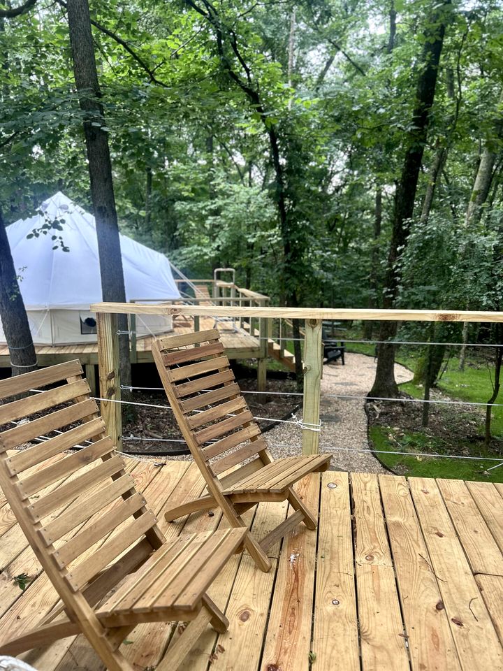 Enchanting Mountain Glamping Tents with Elevated Decks and Fire Pit Near Gentry, AR