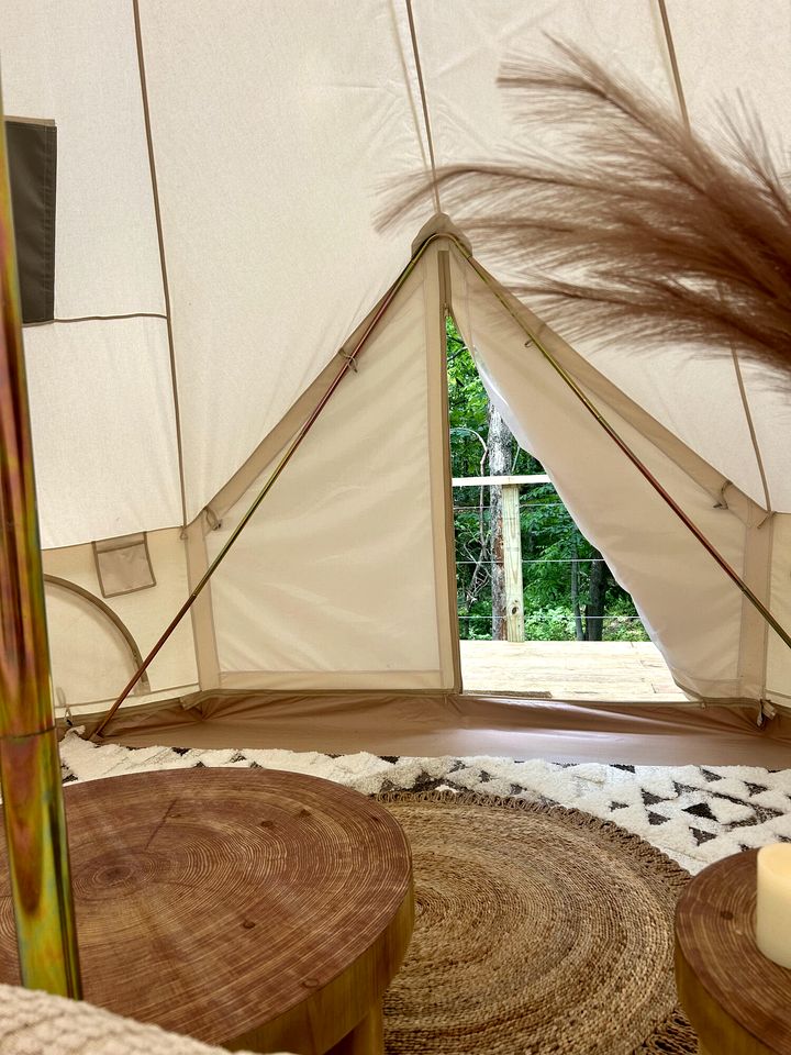 Enchanted Woodland Glamping Tent with Fire Pit & Clubhouse Kitchen Access Near Gentry, Arkansas