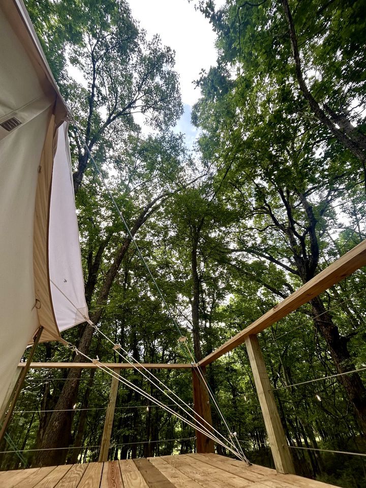 Enchanted Woodland Glamping Tent with Fire Pit & Clubhouse Kitchen Access Near Gentry, Arkansas