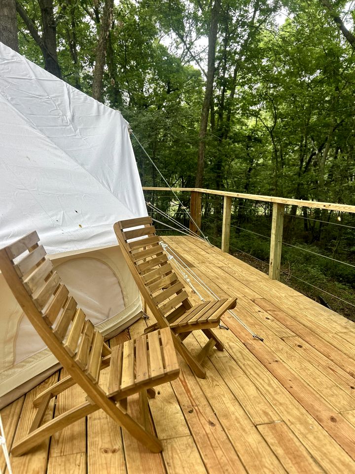 Enchanted Woodland Glamping Tent with Fire Pit & Clubhouse Kitchen Access Near Gentry, Arkansas