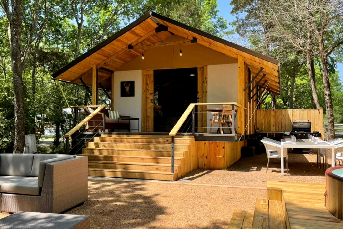 Cozy Lakefront Glamping Cabin with Private Patio near Austin, Texas