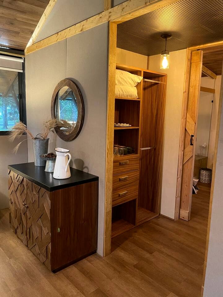 Cozy Lakefront Glamping Cabin with Private Patio near Austin, Texas