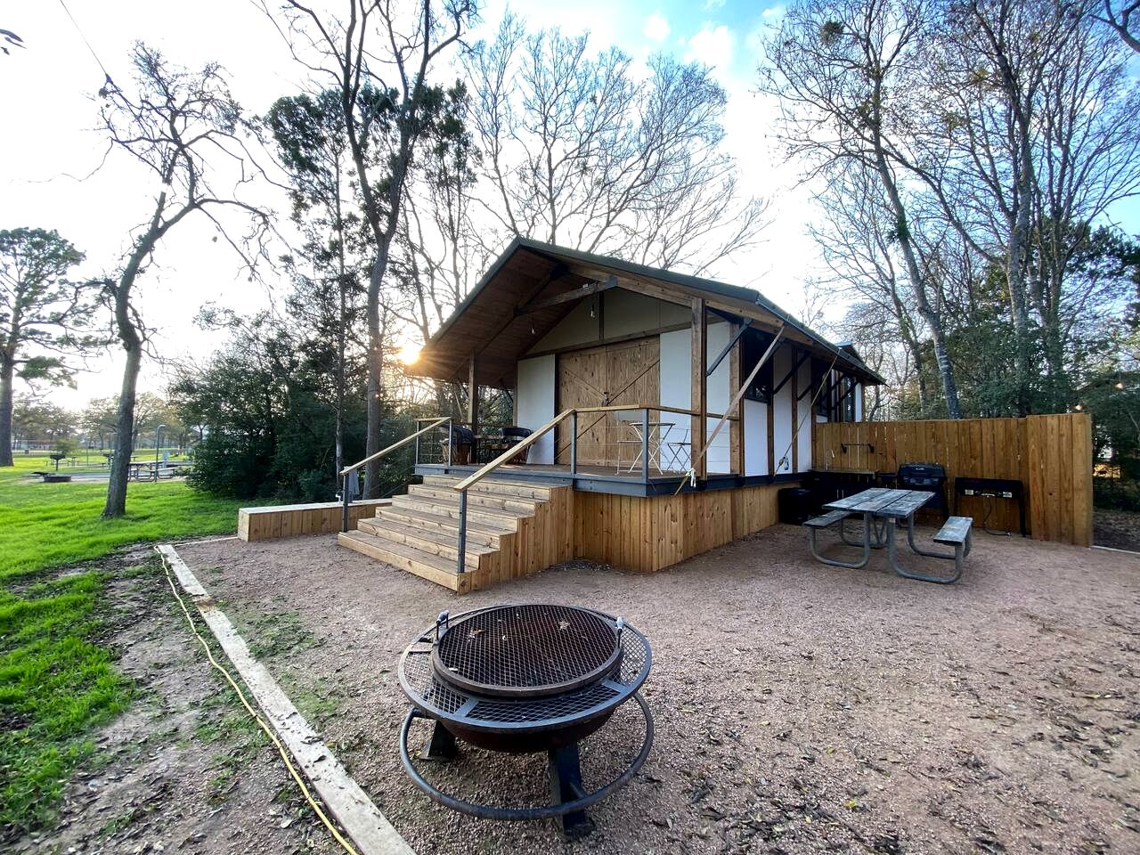 Beautiful Lakefront Glamping Cabin with Fire Pit and Lake Views near Austin, Texas
