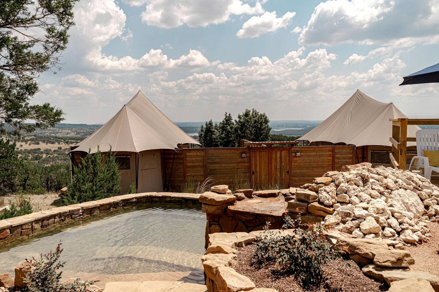 Luxury Hilltop Safari Tent with Private Hot Tub near Lake Travis in Marble Falls, Texas
