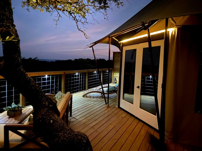 Luxury Hilltop Safari Tent with Private Hot Tub near Lake Travis in Marble Falls, Texas