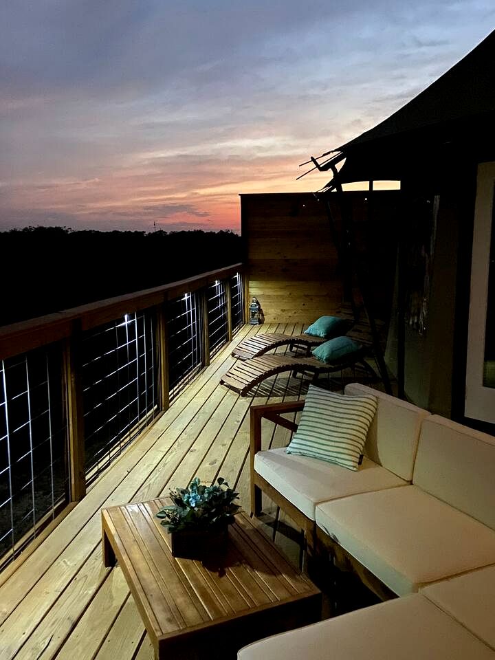 Luxury Hilltop Safari Tent with Private Hot Tub near Lake Travis in Marble Falls, Texas
