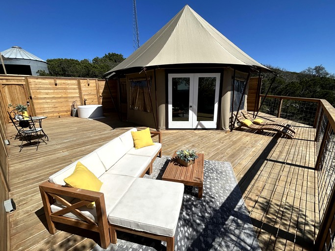 Premium Lakeview Safari Tent Getaway with Private Deck near Lake Travis in Marble Falls, Texas