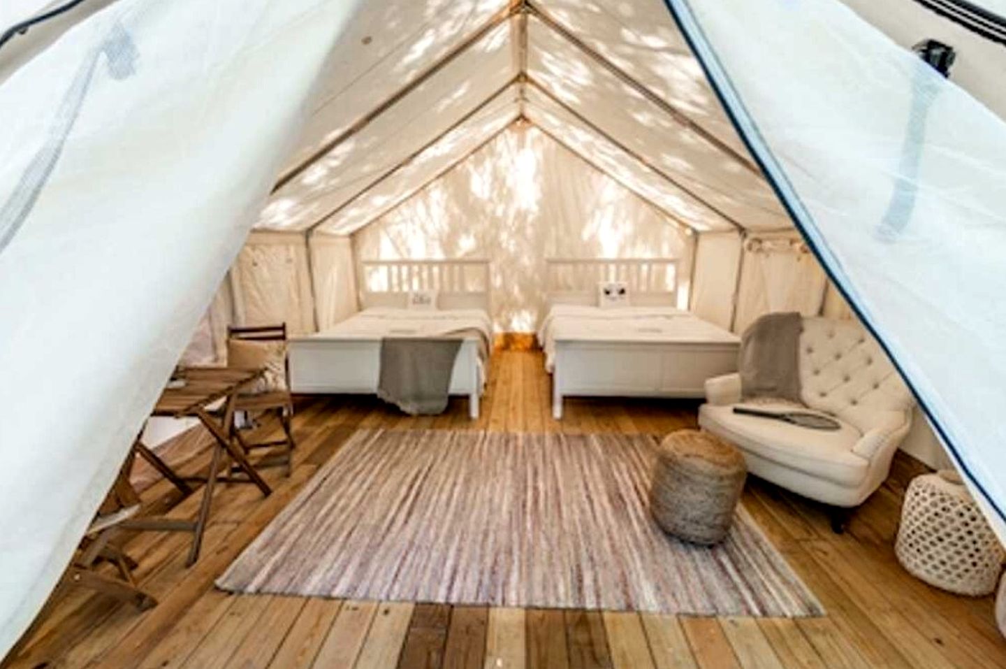 Boutique Queen Suite Glamping Tent with Two Queen Beds, Patio Dining, Grill, Pet Friendly in Broadalbin, New York