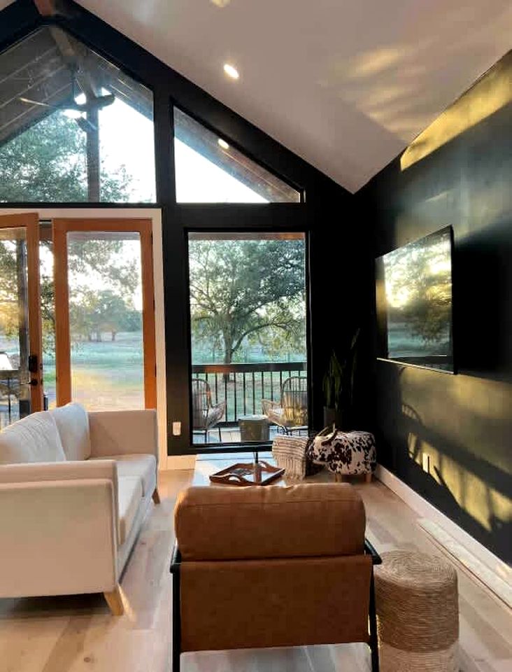 Tranquil Modern Cabin with Friendly Farm Animals & Pond Views Near Cedar Creek, Texas