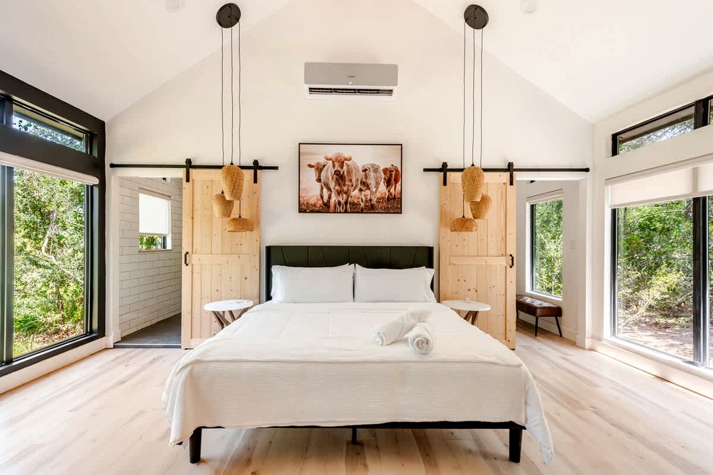 Tranquil Modern Cabin with Friendly Farm Animals & Pond Views Near Cedar Creek, Texas