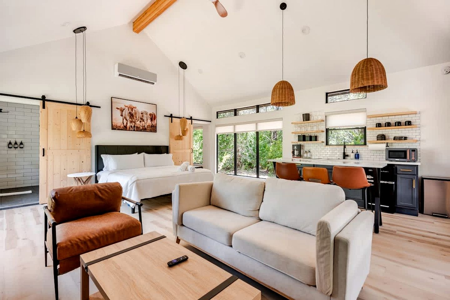 Tranquil Modern Cabin with Friendly Farm Animals & Pond Views Near Cedar Creek, Texas