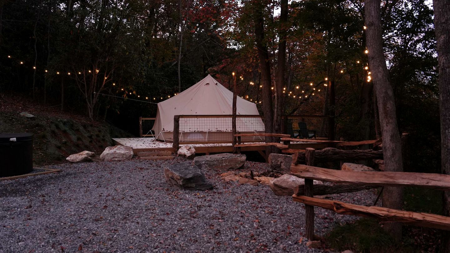 Romantic Glamping Under the Trees with Hot Tub Stargazing and Fire Pit Nights in Waynesville, North Carolina