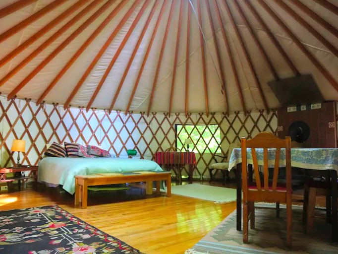 Interior of Williamsburg rental for a yurt camping getaway in Massachusetts.