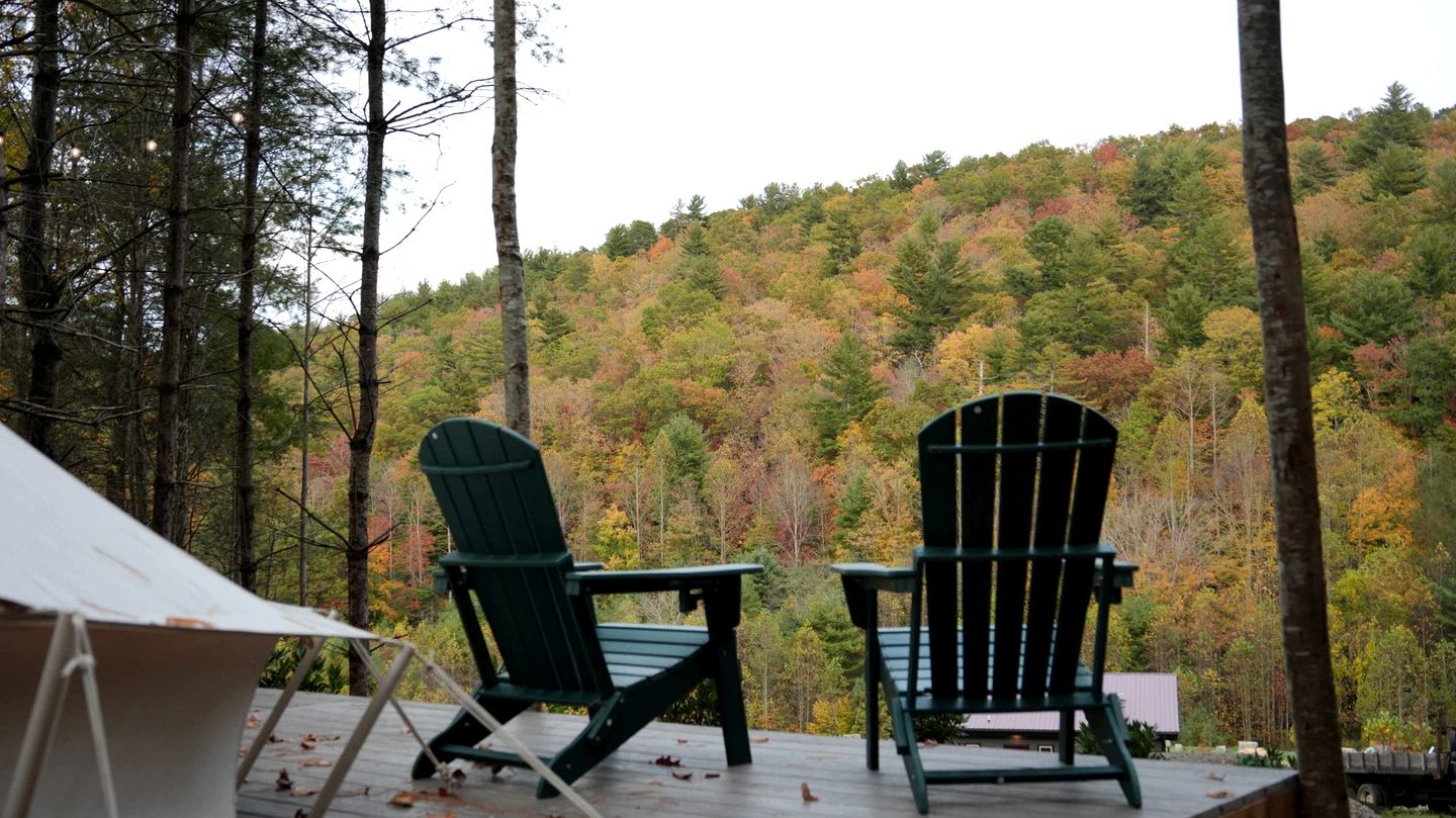 Secluded Rustic Chic Glamping Escape with Canvas Bell Tent and Tree Canopy in Waynesville, North Carolina