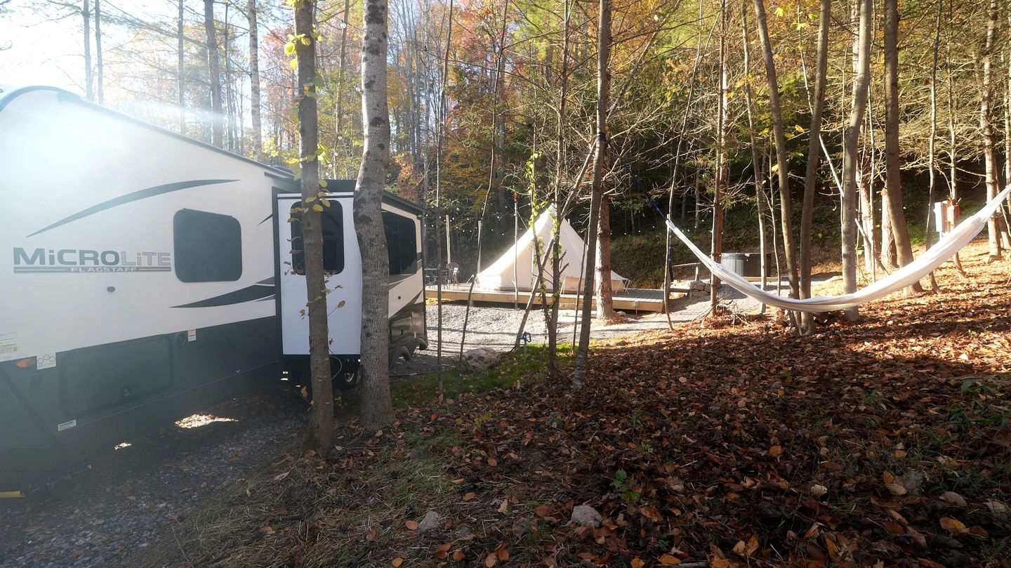 Secluded Rustic Chic Glamping Escape with Canvas Bell Tent and Tree Canopy in Waynesville, North Carolina
