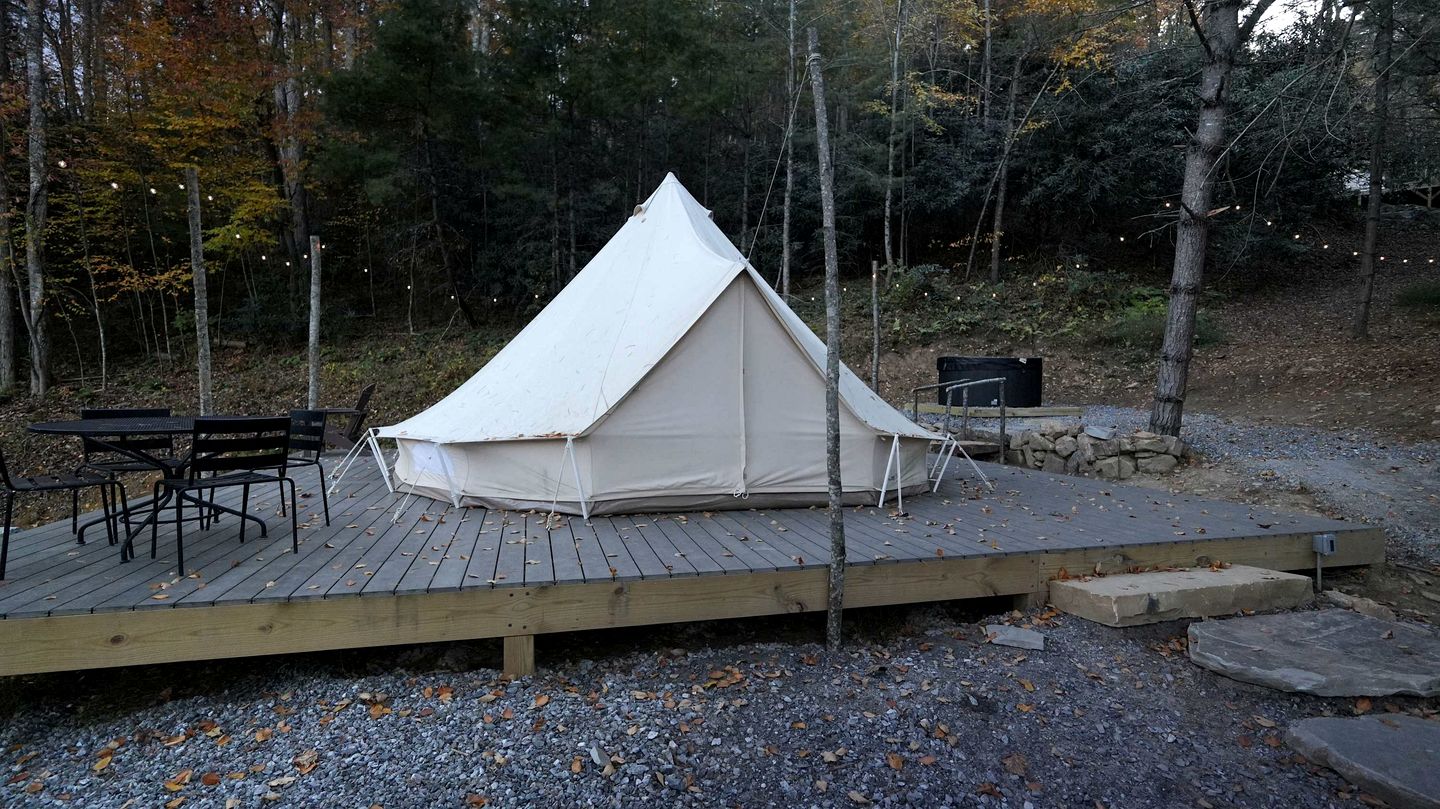 Secluded Rustic Chic Glamping Escape with Canvas Bell Tent and Tree Canopy in Waynesville, North Carolina