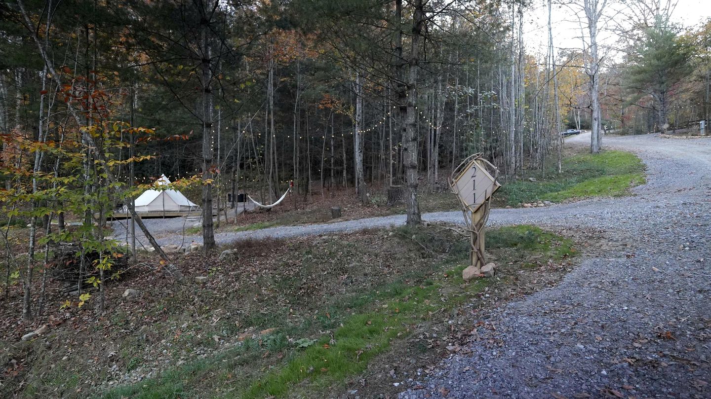 Secluded Rustic Chic Glamping Escape with Canvas Bell Tent and Tree Canopy in Waynesville, North Carolina
