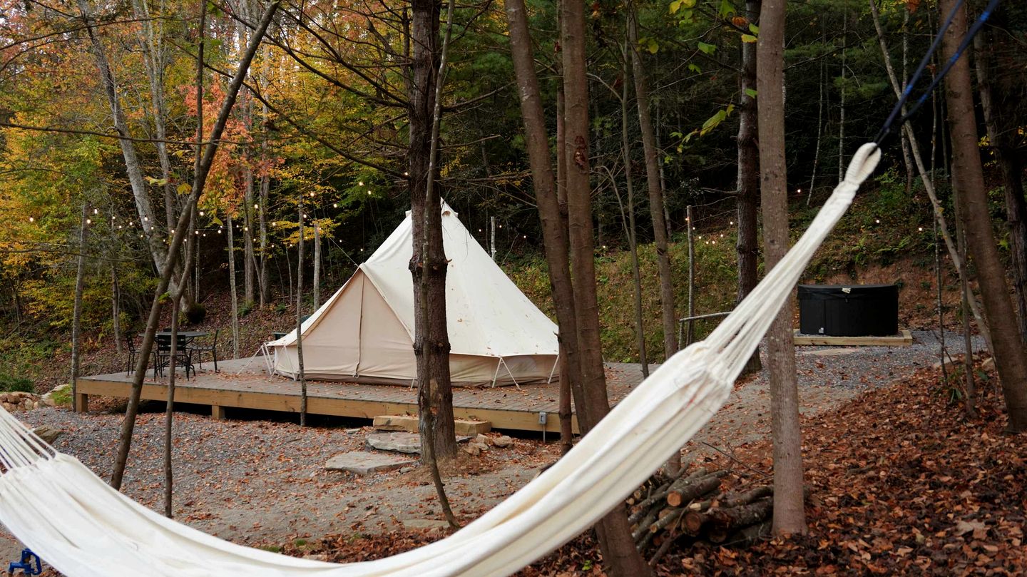 Secluded Rustic Chic Glamping Escape with Canvas Bell Tent and Tree Canopy in Waynesville, North Carolina