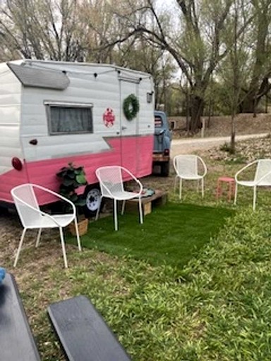 Charming Vintage Shasta Camper with Riverside Glamping Charm Near Pavilion Food Truck Scene in Mayhill, New Mexico