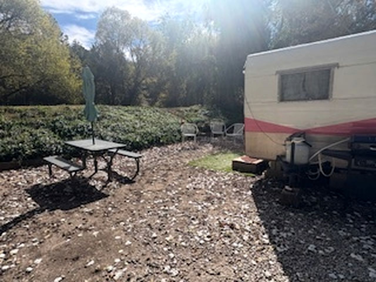 Charming Vintage Shasta Camper with Riverside Glamping Charm Near Pavilion Food Truck Scene in Mayhill, New Mexico