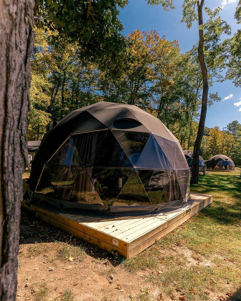 Starlit Geodesic Dome Haven Overlooking a Mountain River in New York’s Catskills