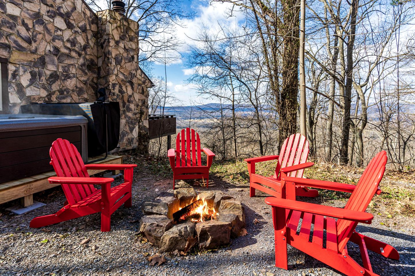 Stone Cabin with Amazing Views, Hot Tub, Fire Pit and Game Room Perfect for Your Gerrardstown, WV Getaway