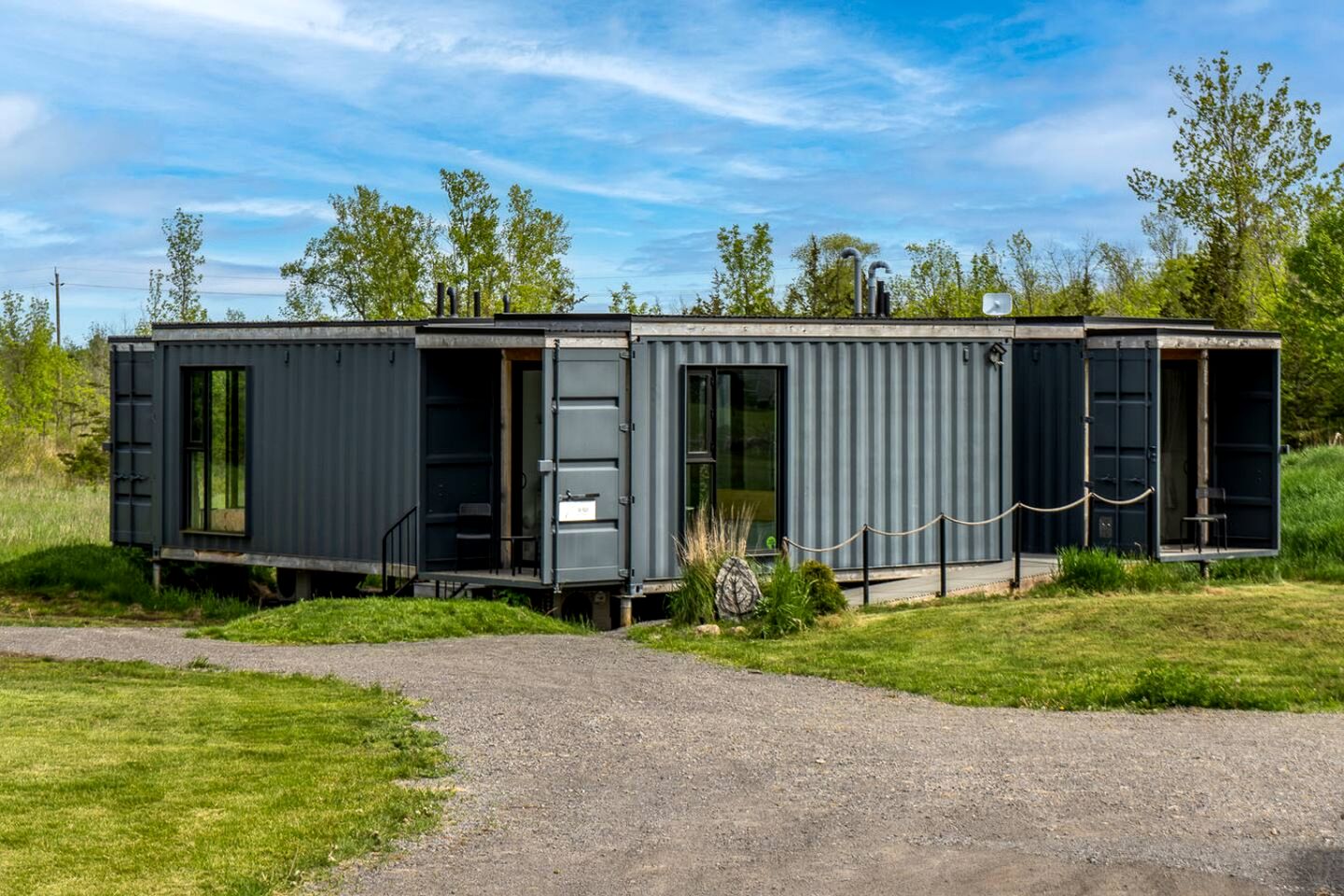 Stylish Shipping Container Retreat with Barn Lounge near Picton, Prince Edward County
