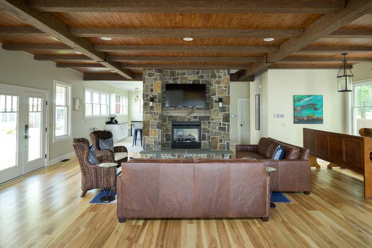 Large, open living room in a lake house rental in the Berkshire Mountains of Massachusetts.