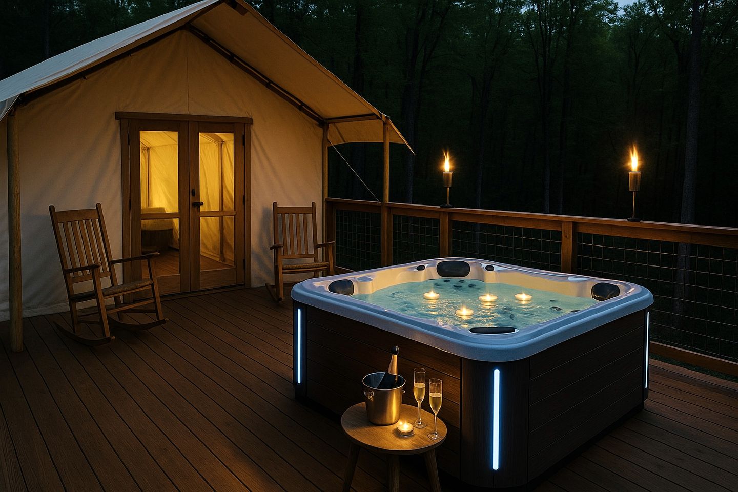 Charming Glamping Tent with Private Hot Tub & Creekside Views near Madison Township, Indiana