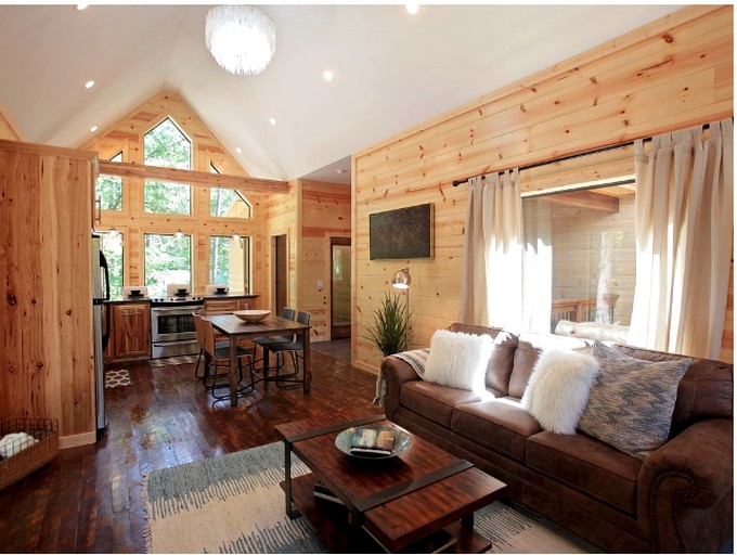 Living area and kitchen of a cabin near Beavers Bend, Oklahoma.