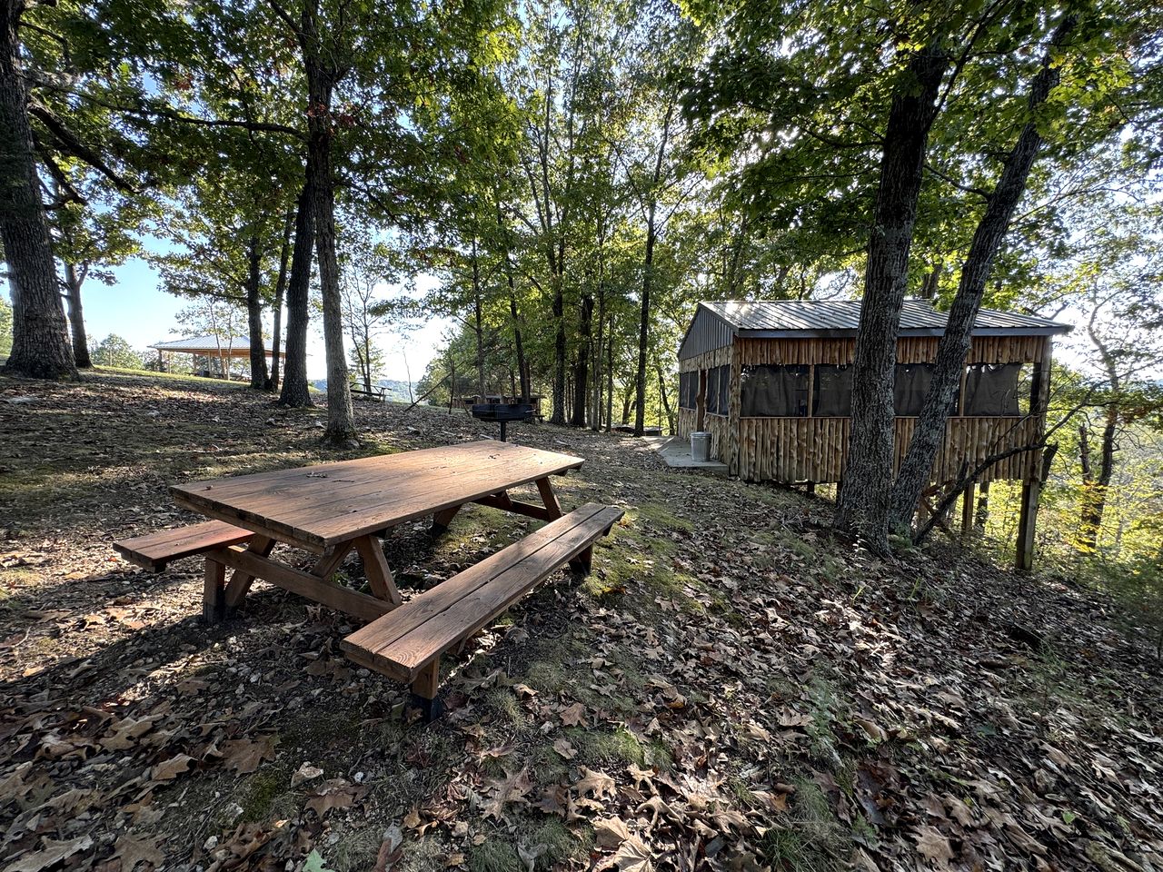 Shady Family Tree Hut Glamping Cabins with Private Door & Mosquito Nets near Big Niangua River, Macks Creek, Missouri