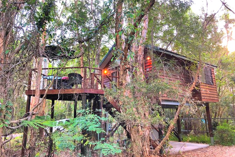 This One Mile Beach retreat sits high up in the treetops and is perfect for glamping in New South Wales. Holiday homes here offer a getaway of peace