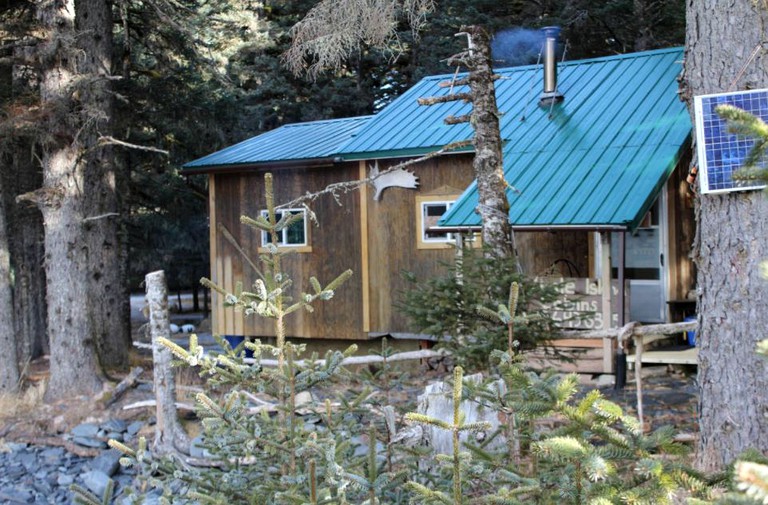 Cozy cabin obscured through the trees on Whale Island, Alaska