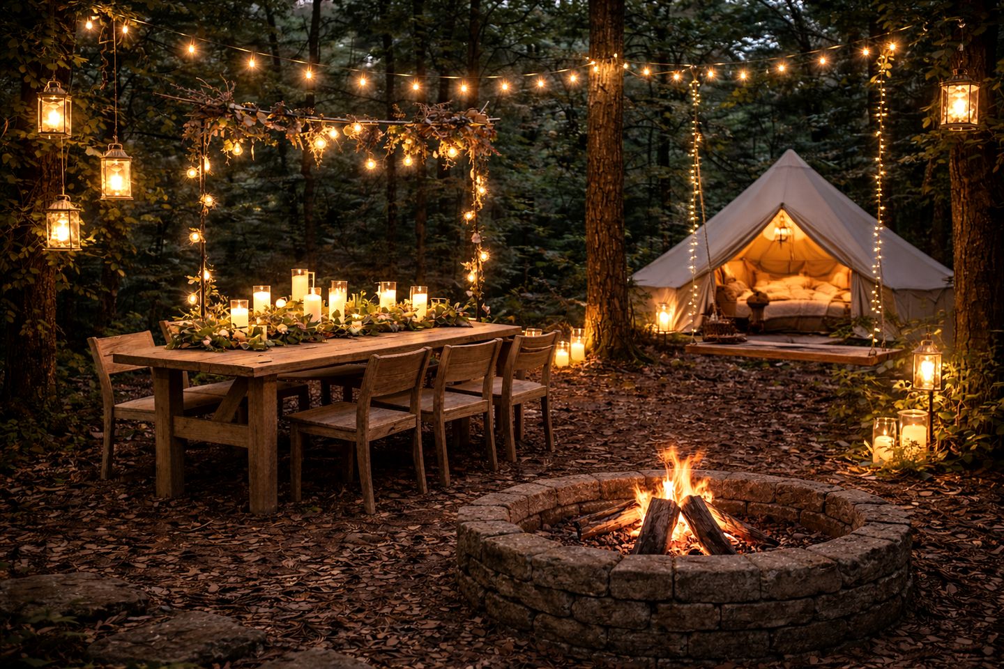 Peaceful Bell Tent Campsite with Fire Pit & String Lights Near Madison Township, Indiana