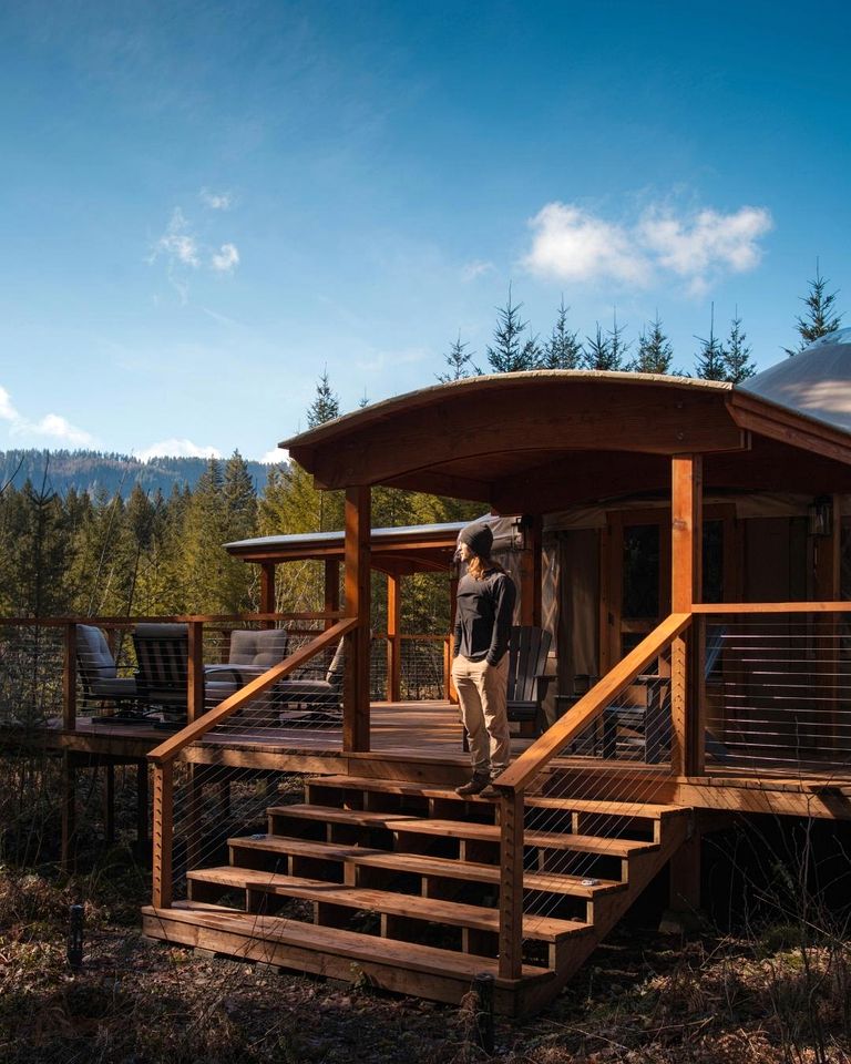 Modern Luxury Yurt with Firepit Table & Skylit Dome near Carson, Washington