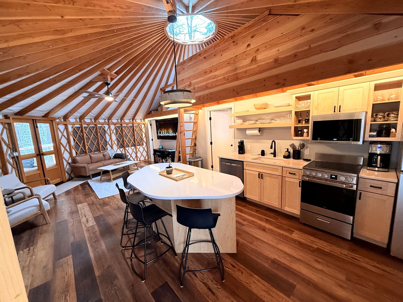 Modern Luxury Yurt with Firepit Table & Skylit Dome near Carson, Washington