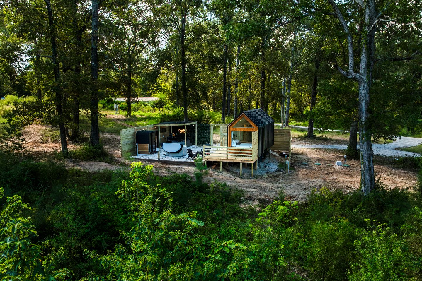 Secluded Tiny Home with Hot Tub, Sauna & Fire Pit near Lake Livingston in Coldspring, Texas