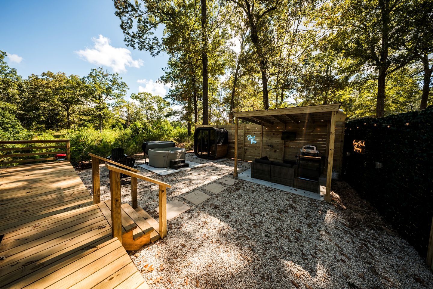 Secluded Tiny Home with Hot Tub, Sauna & Fire Pit near Lake Livingston in Coldspring, Texas